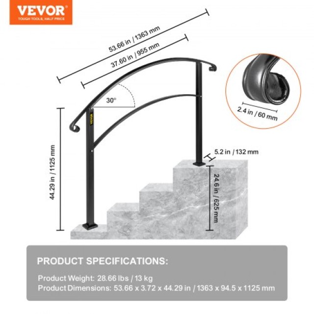 VEVOR  Ρυθμιζόμενη Σιδερένια Κουπαστή Μαύρη 4FT για 4 Σκαλοπάτια 4FTHWTYFSBLACK001V0
