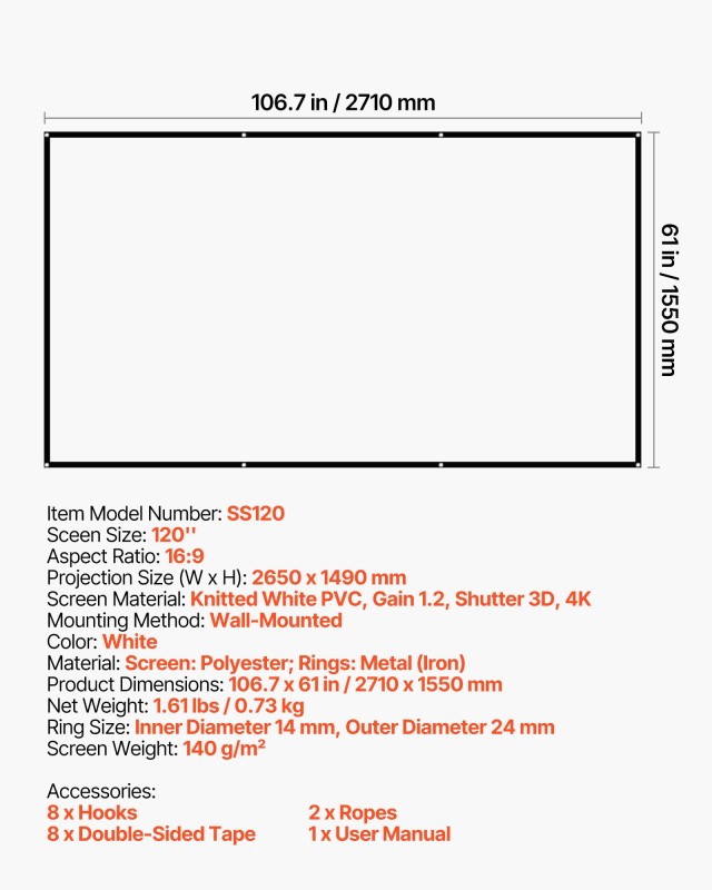 VEVOR Προβολική Οθόνη 120 ιντσών 16:9, 4K 1080 HD, Τοίχου με Αγκίστ...