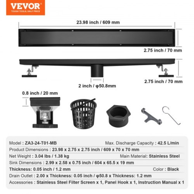 VEVOR Αποχετευτικό κανάλι ντους 610mm με πλαϊνή μετατόπιση και κάλυμμα για πλακάκι μαύρο. XXPSGBXGHSCZFF3Y1V0