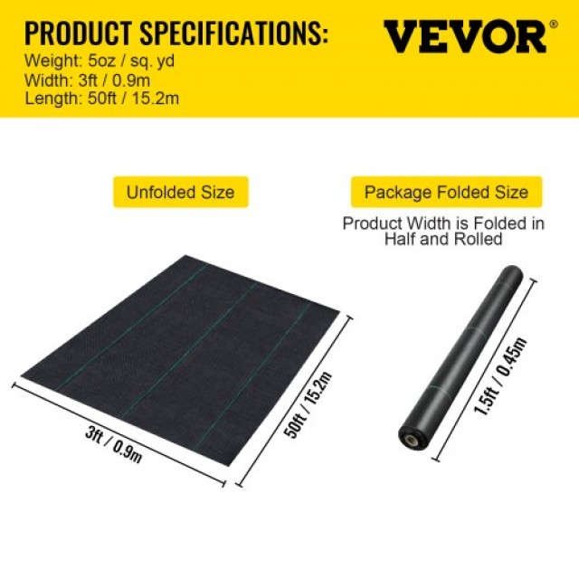 VEVOR Υφασμάτινο Φράγμα Ζιζανίων 3x50FT, Βαρέως Τύπου 5OZ, Υψηλής Διαπερατότητας  FCB-0.9M15.2M-5OZV0