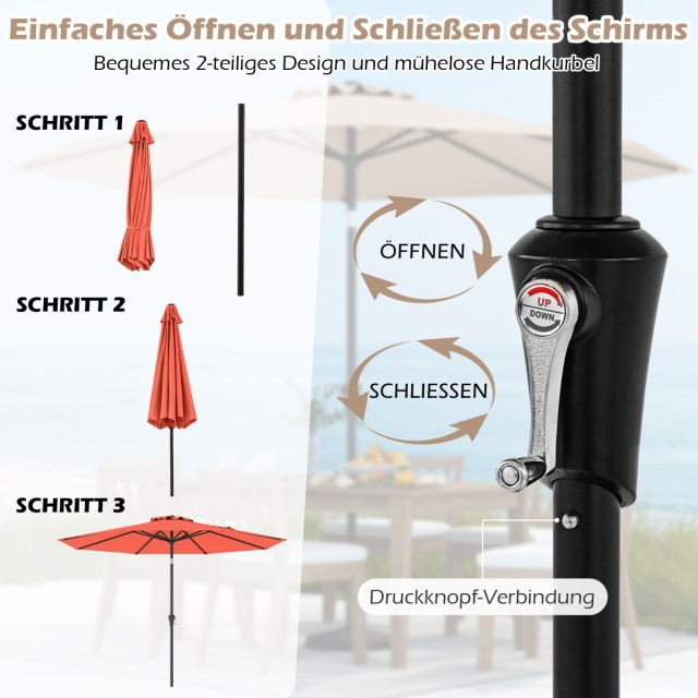 Costway Πορτοκαλί Κηπαίος Ομπρέλα 303 cm με Στρόφαλο και Ρυθμιζόμεν...