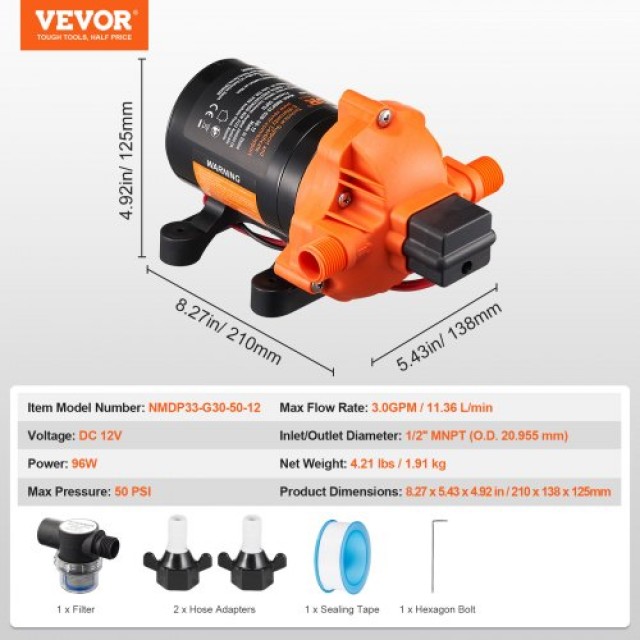 VEVOR  Αντλία Διαφράγματος 12V 3GPM 11.36 L/min 3-Θάλαμοι με Διακόπτη Πίεσης 12VYYSB3Q30GCJB2MV9