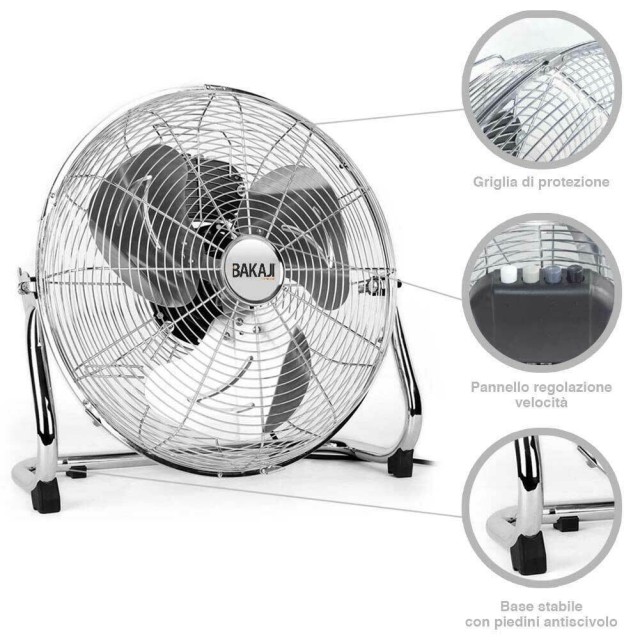 BAKAJI  Επιδαπέδιος ανεμιστήρας από ατσάλι 90 W με πτερύγια αλουμινίου 45 cm 3 ταχύτητες με ταλάντωση.  02832389