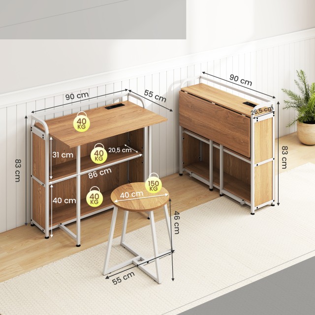Costway Πτυσσόμενο Γραφείο με Πρίζα και Ράφια 90x55x83 εκ Φυσικό Χρ...