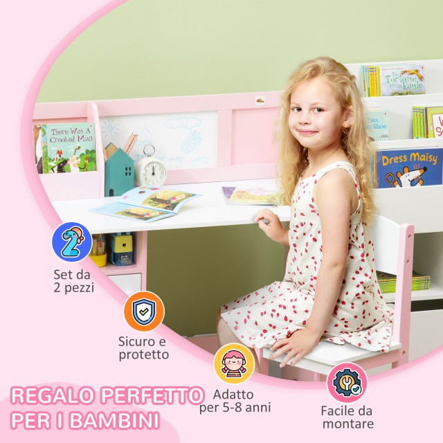 HOMCOM  Σετ Τραπέζι και Καρέκλες για Παιδιά 5+ Ετών από Ξύλο με Σχολικό Θρανίο 90x45x85 εκ. και Καρέκλα 29x29x66 Λευκό και Ροζ  312-089V00PK