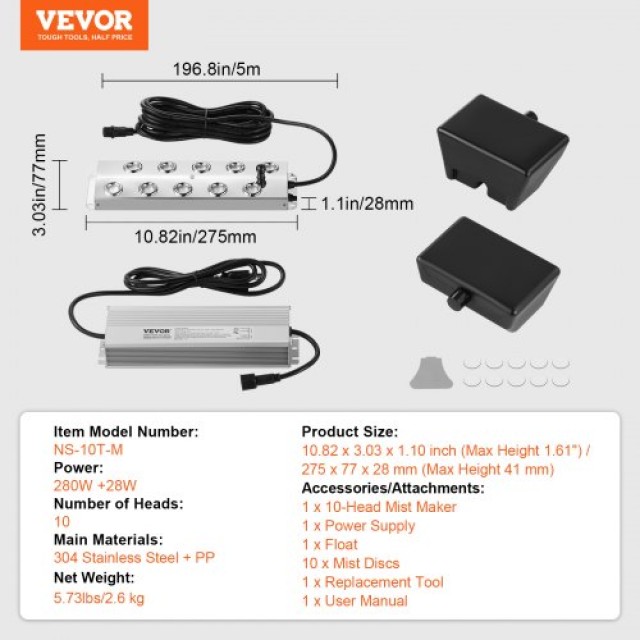 VEVOR  Υπερηχητικός Υγραντήρας 10 Κεφαλών 7000mL/H IP67 Αδιάβροχος ...