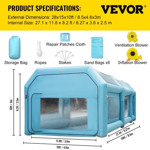 Φουσκωτή Καμπίνα Βαφής VEVOR 28x15x10FT με Φίλτρο & 2 Φυσητήρες  ZP8.5X4.6X3PQZPZHV2
