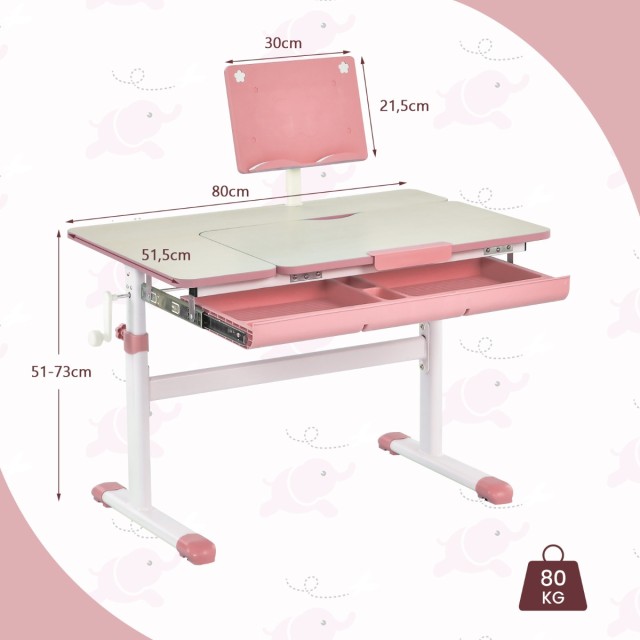 Παιδικό Γραφείο με Ρυθμιζόμενο Ύψος 80 x 51,5 x 51–73 cm Ροζ  HY10126PI-1 Costway