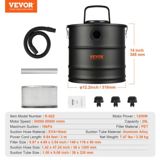 VEVOR Σκούπα Στάχτης 20L, 1200W, για Τζάκια & Σόμπες  ZKXHQJL220V1LUO82V2