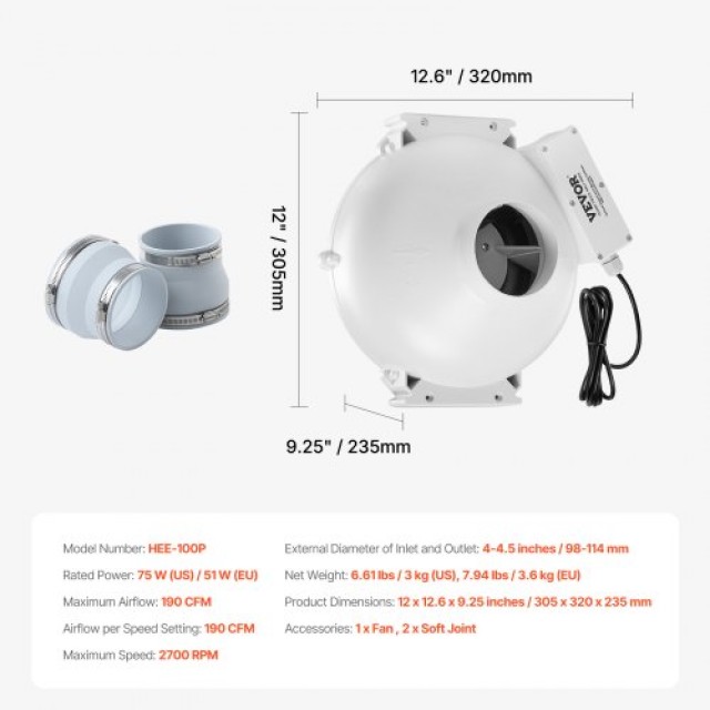 VEVOR  Αθόρυβος Ανεμιστήρας Ραδονίου 190CFM 4-4.5 Αδιάβροχος  DFSDJ4INCH19VRDPTV2