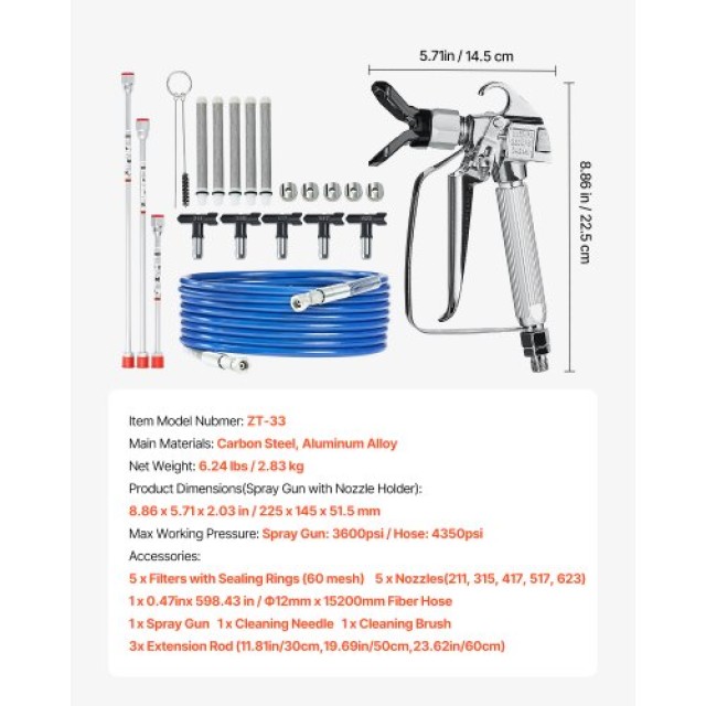 VEVOR Σετ Πιστολιού Βαφής Χωρίς Αέρα 3600PSI με Σωλήνα και Ράβδους Επέκτασης Φίλτρων GYWQPTJRGJPJ60PDZV0