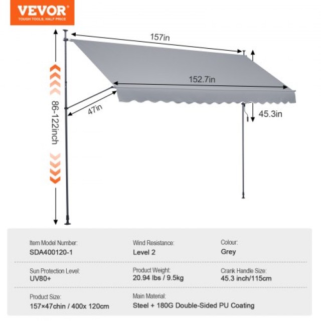 VEVOR  Τέντα Βεράντας 157x47 Αναδιπλούμενη με Μανιβέλα SSSZYPHSLZS1S1U9KV0
