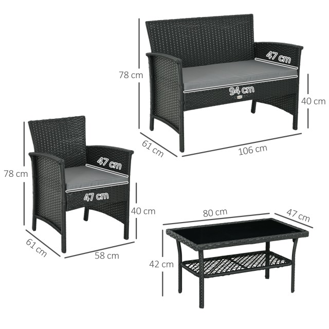 PE Rattan Outdoor Lounge με καναπέ, 2 πολυθρόνες με μαξιλάρια και γυάλινο τραπεζάκι σαλονιού, μαύρο και γκρι 860-331V00GY