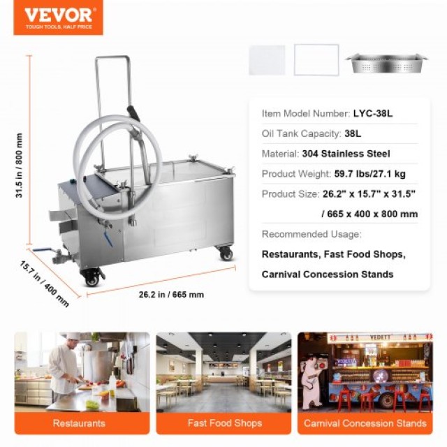 Φορητό Φίλτρο Λαδιού VEVOR, 38L, 10 L/min, με Ρόδες για Εστιατόρια ...
