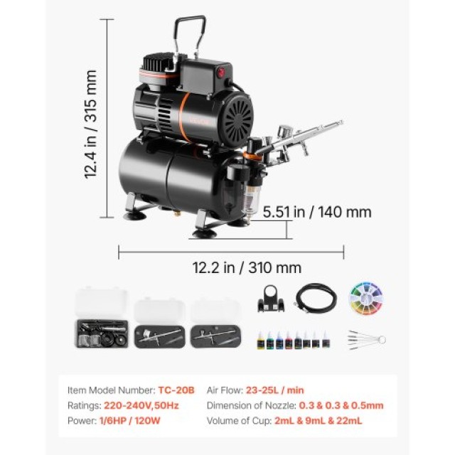 VEVOR Σετ Αερογράφου με Αεροσυμπιεστή 1/6 HP, 3 Αερογράφους, 3 Μύτε...