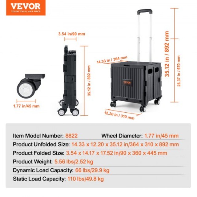 Πτυσσόμενο Καρότσι VEVOR, 50kg, Μαύρο  BXSGWCZCZLDW44U3WV0