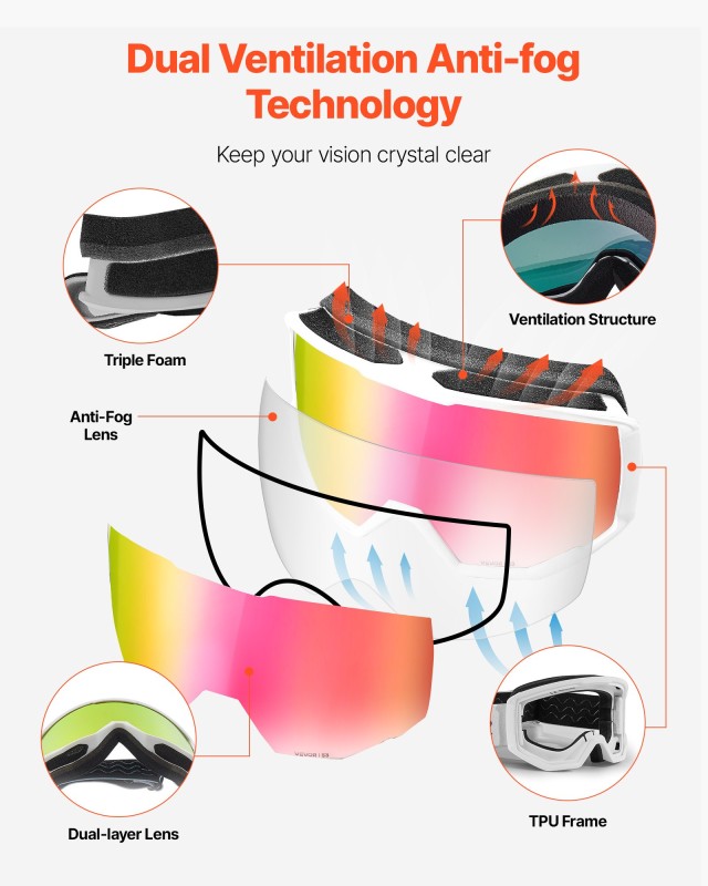 VEVOR Ανθεκτικά Γυαλιά Σκι με Κυλινδρικό Φακό και Ροζ Επίστρωση Rev...