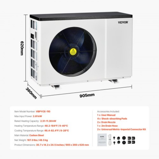 VEVOR Ηλεκτρική Αντλία Θερμότητας Πισίνας 2.51-11.38kW Εξοικονόμηση Ενέργειας με Μεταβλητή Συχνότητα YCRBOZZG2511U7XEIV7