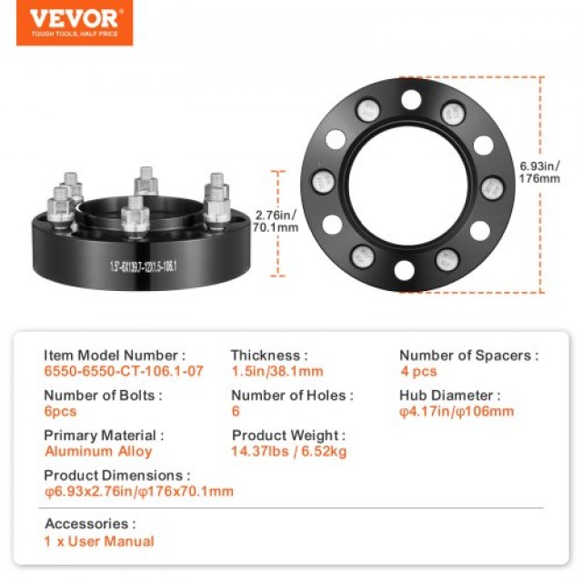 VEVOR Αποστάτες Τροχών 1.5 6x5.5 6 Λαμών, Σετ 4, Μαύροι  LSSFLP15YC6XNE9HPV0