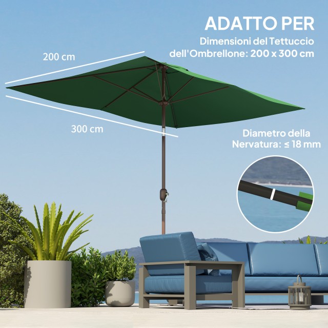 Outsunny Ανταλλακτικό Κάλυμμα για Ορθογώνια Ομπρέλα 3x2 μ με 6 Ακτίνες, Πολυεστέρας Αντι-UV 50+, Πράσινο 84D-425V00GN