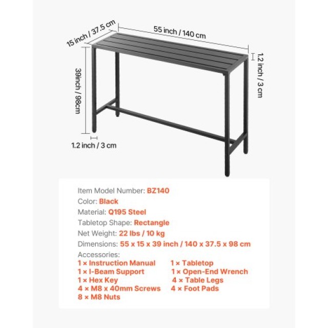VEVOR Ορθογώνιο Υπαίθριο Τραπέζι Μπαρ 140x37.5 εκ. ZFLTJBZFX55IBY0L...