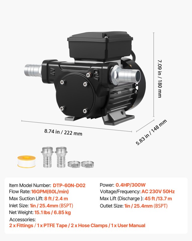 VEVOR 16 GPM Αντλία Μεταφοράς Καυσίμου Diesel 230V, Μέγιστη Αναρρόφ...