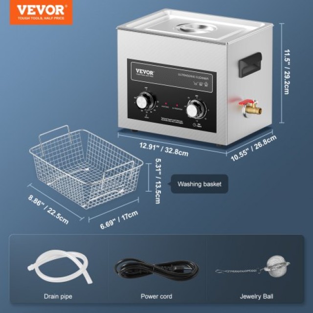 VEVOR  10L Υπερηχητικός Καθαριστής με Θερμαντήρα, Χρονοδιακόπτη & Κ...