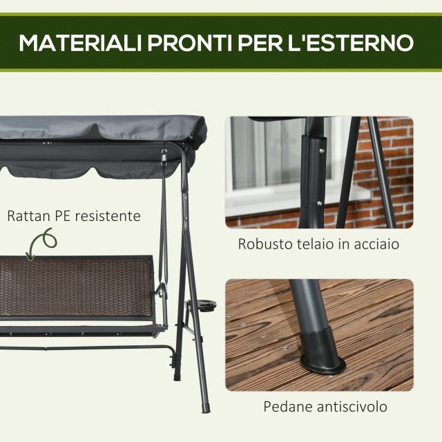 Outsunny 3θέσιο αιωρούμενο κάθισμα κήπου από PE Rattan and Steel με ρυθμιζόμενο θόλο και ποτηροθήκη, 204x112x150 cm 84A-277V00CG