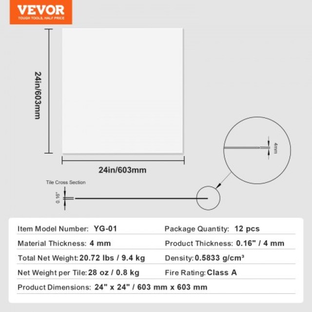 VEVOR  Πλακάκια Οροφής VEVOR 12-Πακέτο 24 x 24 in PVC Αφρός Πυράντοχο Λευκό THBZPVCFPB12YYQ3WV0