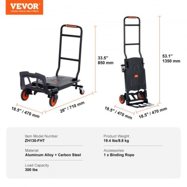 VEVOR Αλουμινένιο Καρότσι 2 σε 1, 136 kg, Βιομηχανικό Καρότσι & Πλατφόρμα με Λαστιχένιες Ρόδες  DGNSTHC300BE75URLV0