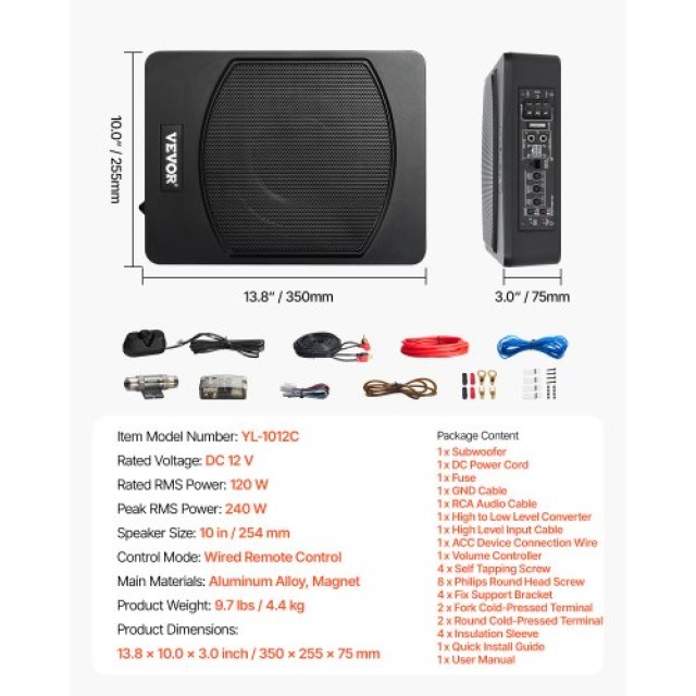 VEVOR 10 240W Υποκάθισμα Αυτοκινήτου Υπογούφερ Λεπτό Ενισχυμένο Σύσ...