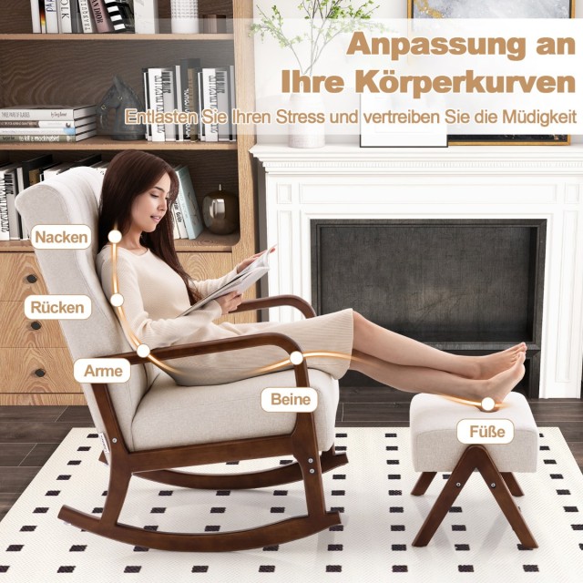Πολυθρόνα Κουνιστή 65 x 97 x 104cm & Σκαμπό με Υποστήριξη 52,5 x 36 x 36 cm Μπεζ και Ξύλο  JV11150BE Costway
