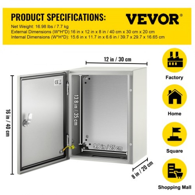 VEVOR NEMA Χαλύβδινο Κουτί 16x12x8 NEMA 4X, IP66 Αδιάβροχο & Ανθεκτικό στη Σκόνη, Εξωτερικού/Εσωτερικού Χώρου, με Πλάκα Στήριξης  DQXJSTCFS40X30X20V0