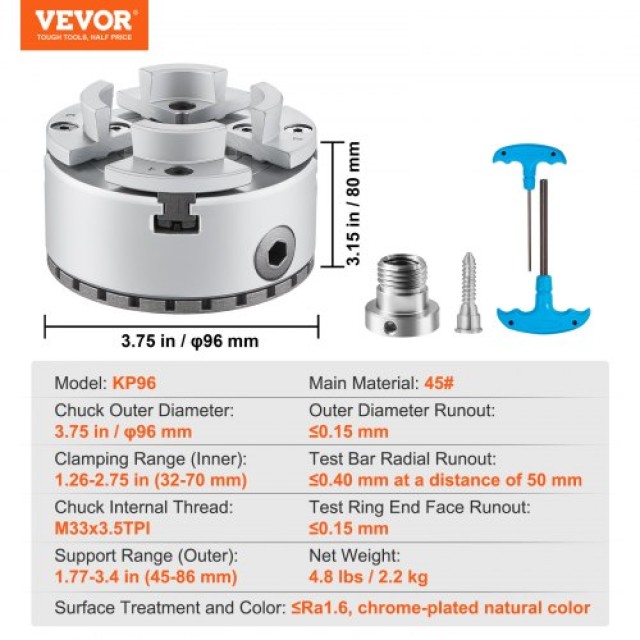 Τόρνος VEVOR KP96, 4 Σιαγόνες 3.75, Αυτοκεντρούμενος, για Τόρνους & Μηχανές Άλεσης  MGCCKP375YC0FQLQ0V0