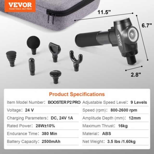 VEVOR Πιστόλι Μασάζ με 9 Ταχύτητες και 6 Κεφαλές  JMQ3200RPMTXMLCT3V2