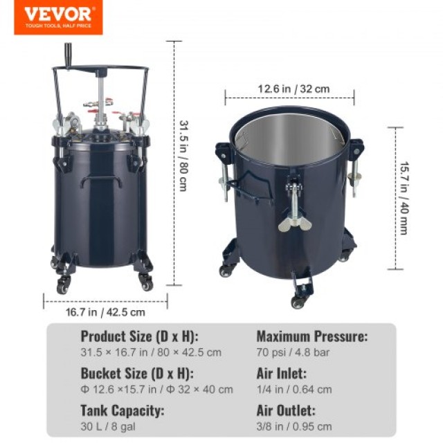 Δοχείο Πίεσης Βαφής VEVOR 30L με Μίξερ, 70PSI Max  PQTBDOX30LUJO1Z5WV0