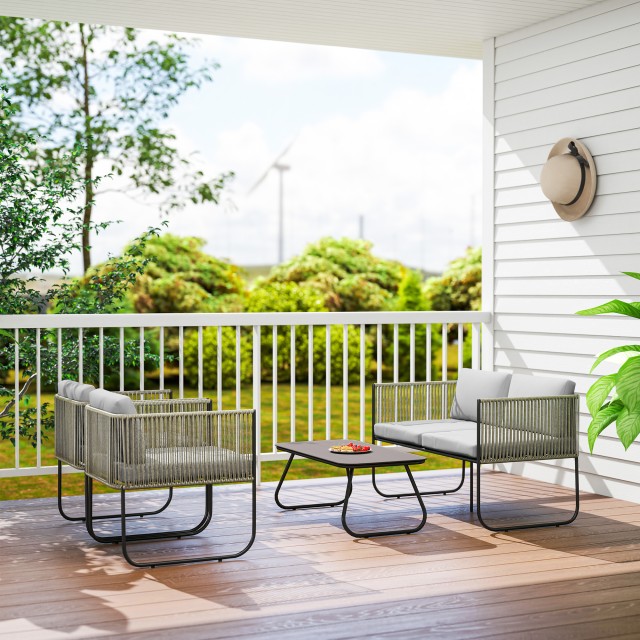 Outsunny Σετ Κήπου Rattan με Διθέσιο Καναπέ, 2 Πολυθρόνες και Τραπέ...