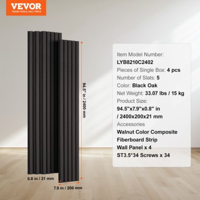 VEVOR  Μαύρες Δρύινες Ξύλινες Πάνελ Ακουστικής 20x240 εκ. για Μοντέρνα Διακόσμηση Τοίχου FHXWBTQBHXMLTGWBMV0