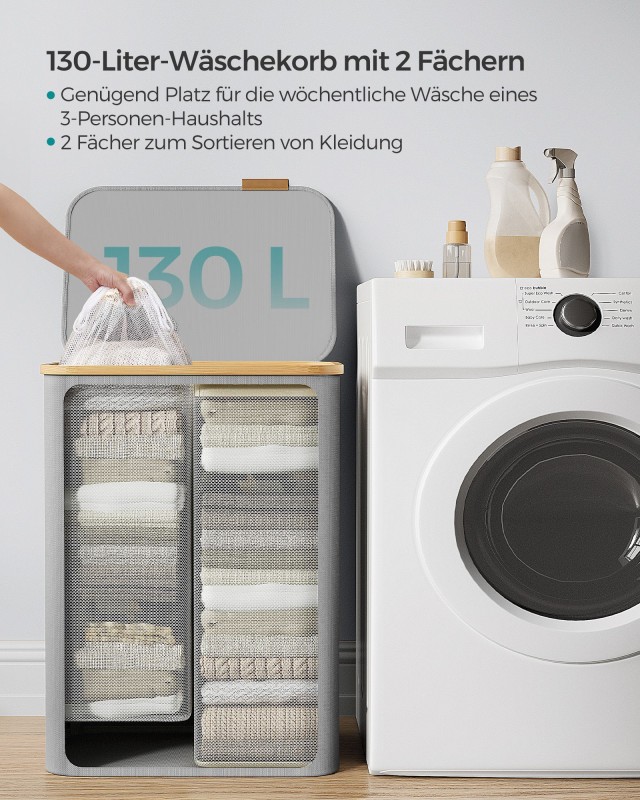 Δίχωρο Καλάθι Απλύτων SONGMICS με Καπάκι, 130L, Αφαιρούμενη Επένδυση, Γκρι 