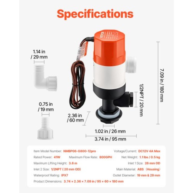 VEVOR Αντλία Ζωντανού Δολώματος Σκάφους 12V 800 GPH με 2 Εισόδους C...