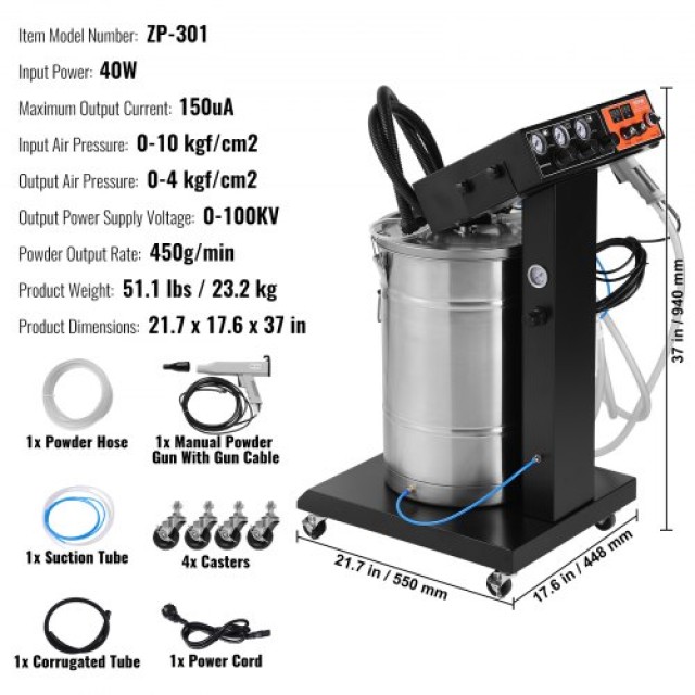 Σύστημα Ηλεκτροστατικής Βαφής VEVOR 40W 100KV με Κάδο 50L και Πιστόλι Ψεκασμού  JDFMPTJ100KVBEWZMV2