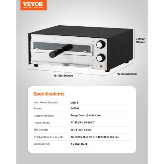 VEVOR Ηλεκτρικός Επιτραπέζιος Φούρνος Πίτσας 12 ιντσών, 1450W, Ρυθμ...