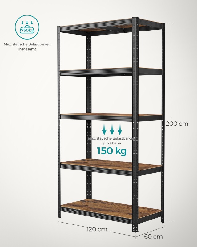Ράφι SONGMICS, 60x120x200 cm, 750 kg, Βιομηχανικό, Ρυθμιζόμενο, Μαύ...