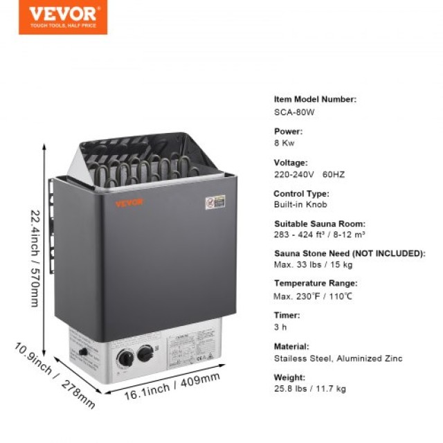 VEVOR  Ηλεκτρική Σόμπα Σάουνας 8KW με Ενσωματωμένο Έλεγχο για 8-12 m3 Σπα Σπιτιού  DSSNLNKLXB8KWKTNAV8