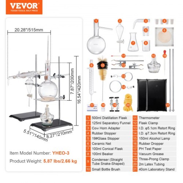 Σετ Απόσταξης Αιθέριων Ελαίων VEVOR 500ml, 28 τεμ.  SYSZLTJJPJJDI3Z20V0