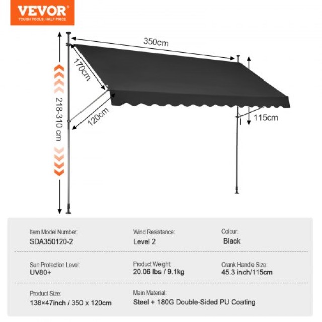 VEVOR  Τέντα Βεράντας 138x47 Αναδιπλούμενη με Μανιβέλα SSSZYPHSLZS11VTSVV0