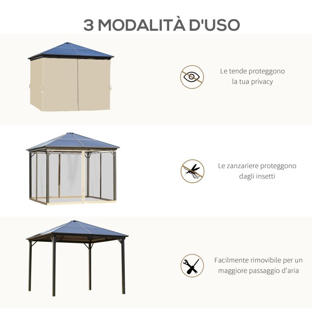 Outsunny Garden Gazebo 2,94x2,94m με πολυανθρακική στέγη και κουνουπιέρες, Caff? και Χακί 84C-347