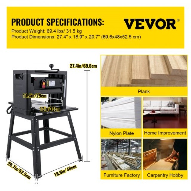 Πλάνη Ξύλου VEVOR 13 2000W με Βάση και Εξαγωγή Σκόνης  YBJYCOC13BPP...