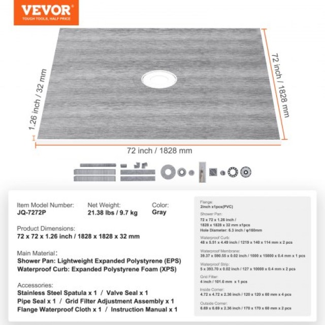 Σετ Ντουζιέρας VEVOR, 1828x1828mm με Κεντρική Φλάντζα PVC, Ανοξείδωτη Σχάρα, Αδιάβροχο Περίγραμμα & Μεμβράνη  PVCLYTJHSPVCW4MFXV0