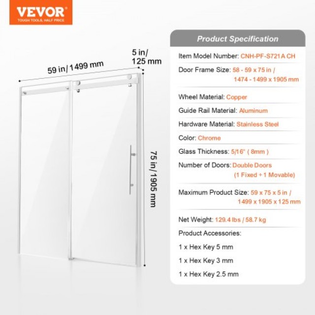 VEVOR  Πόρτα Ντουζιέρας Χωρίς Πλαίσιο 58-59 x 75 Σκληρυμένο Γυαλί 5/16 Χρώμιο  WBKSYMTLYSM8XN0RUV0